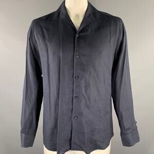CAPRI Size XL Navy Linen Camp Long Sleeve Shirt